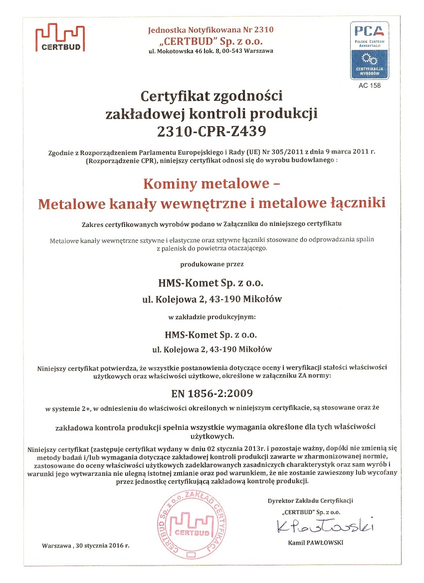 Certyfikat Nr 2310-CPDZ-439